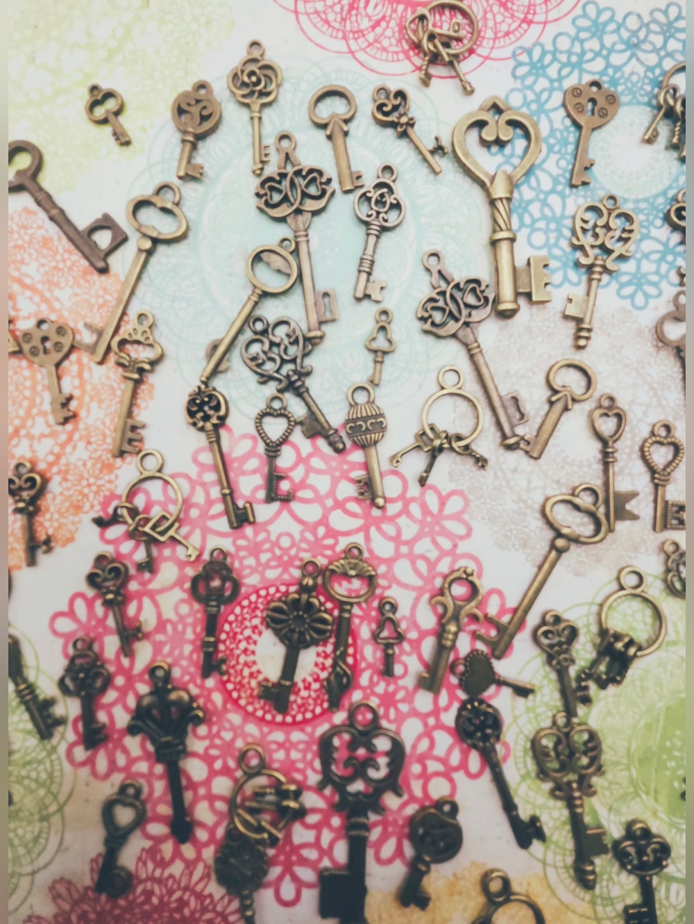 Assorted Antique Brass Key Charms - Mixed Vintage Style With Mini Keys On Chains